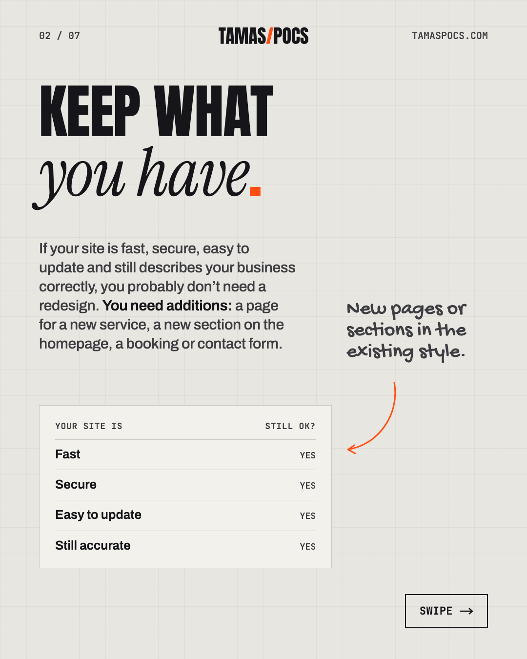 Slide 2 of 7, Website Redesign or Start Over: keep what you have