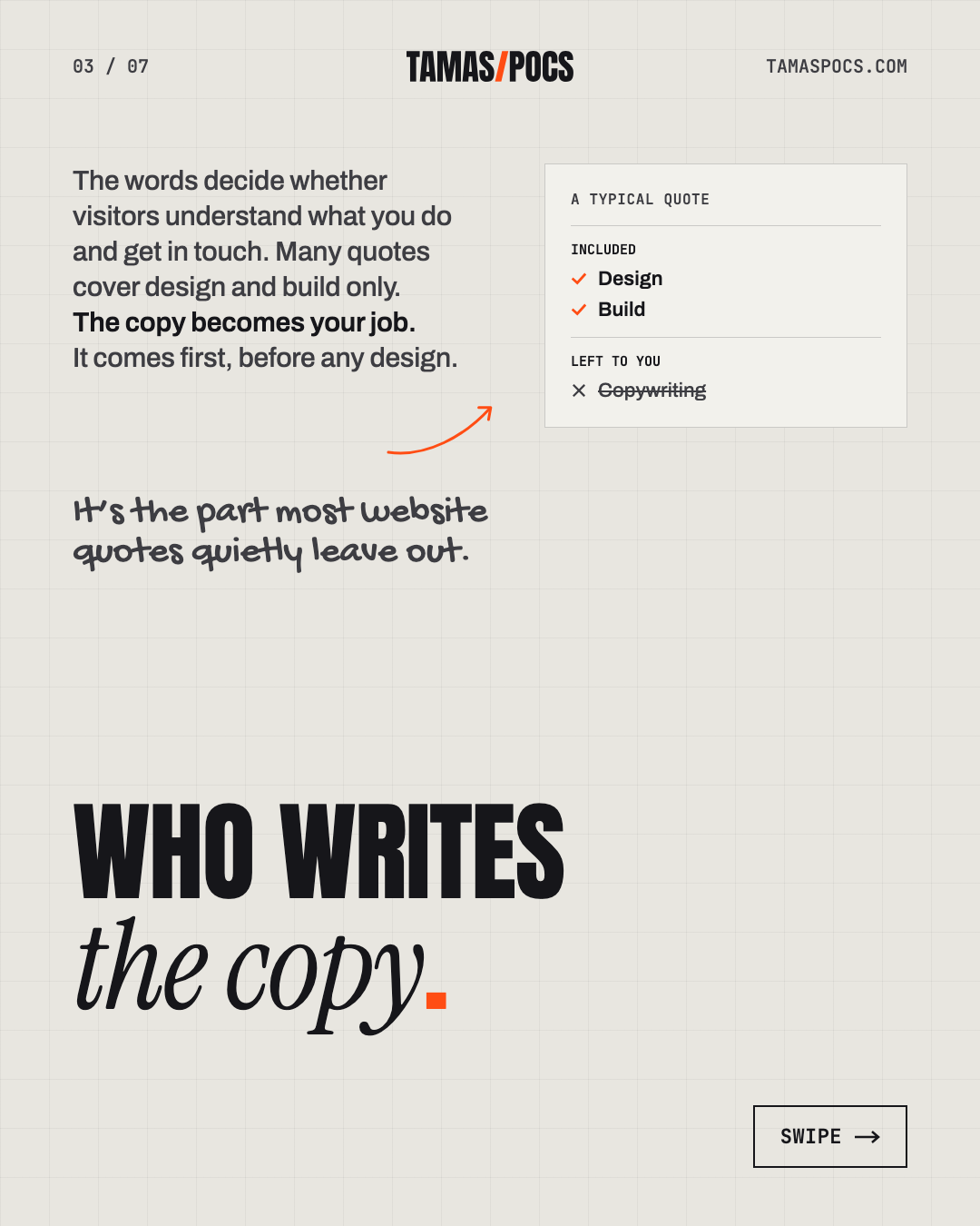 Slide 3 of 7, Hire a Web Designer or Developer: ask who writes the copy