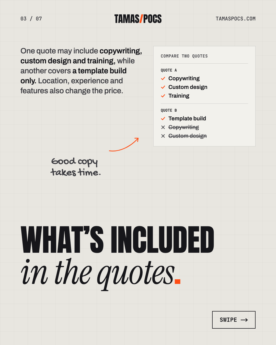 Slide 3 of 7, How Much Does a Website Cost: compare what two quotes include
