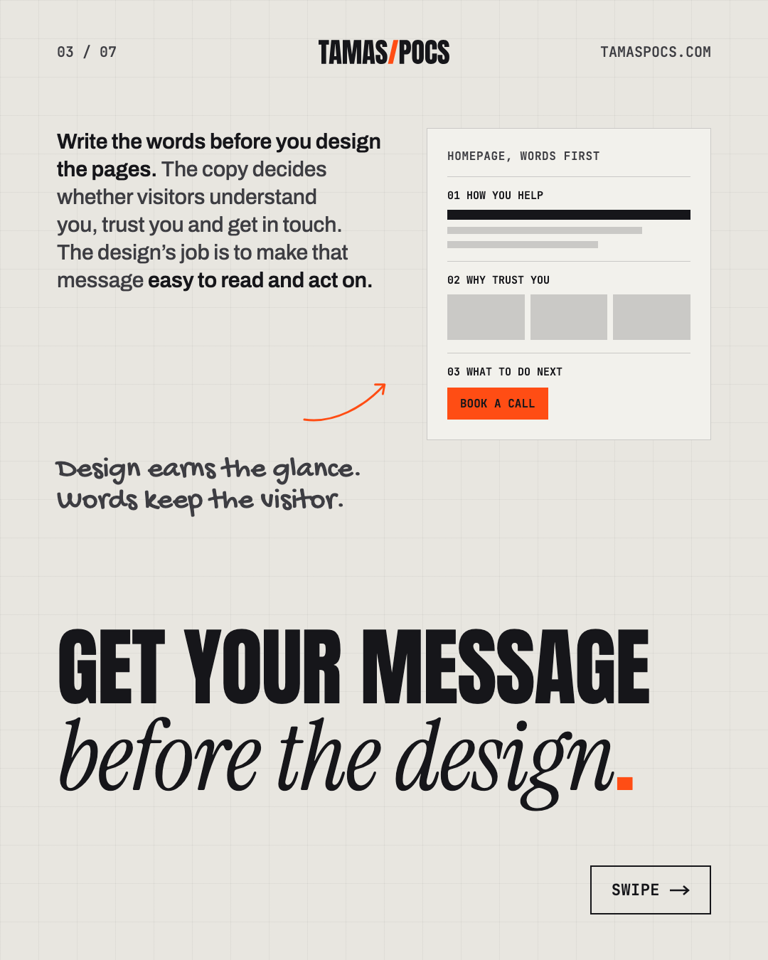 Slide 3 of 7, How to Get a Website: write the words before you design the pages
