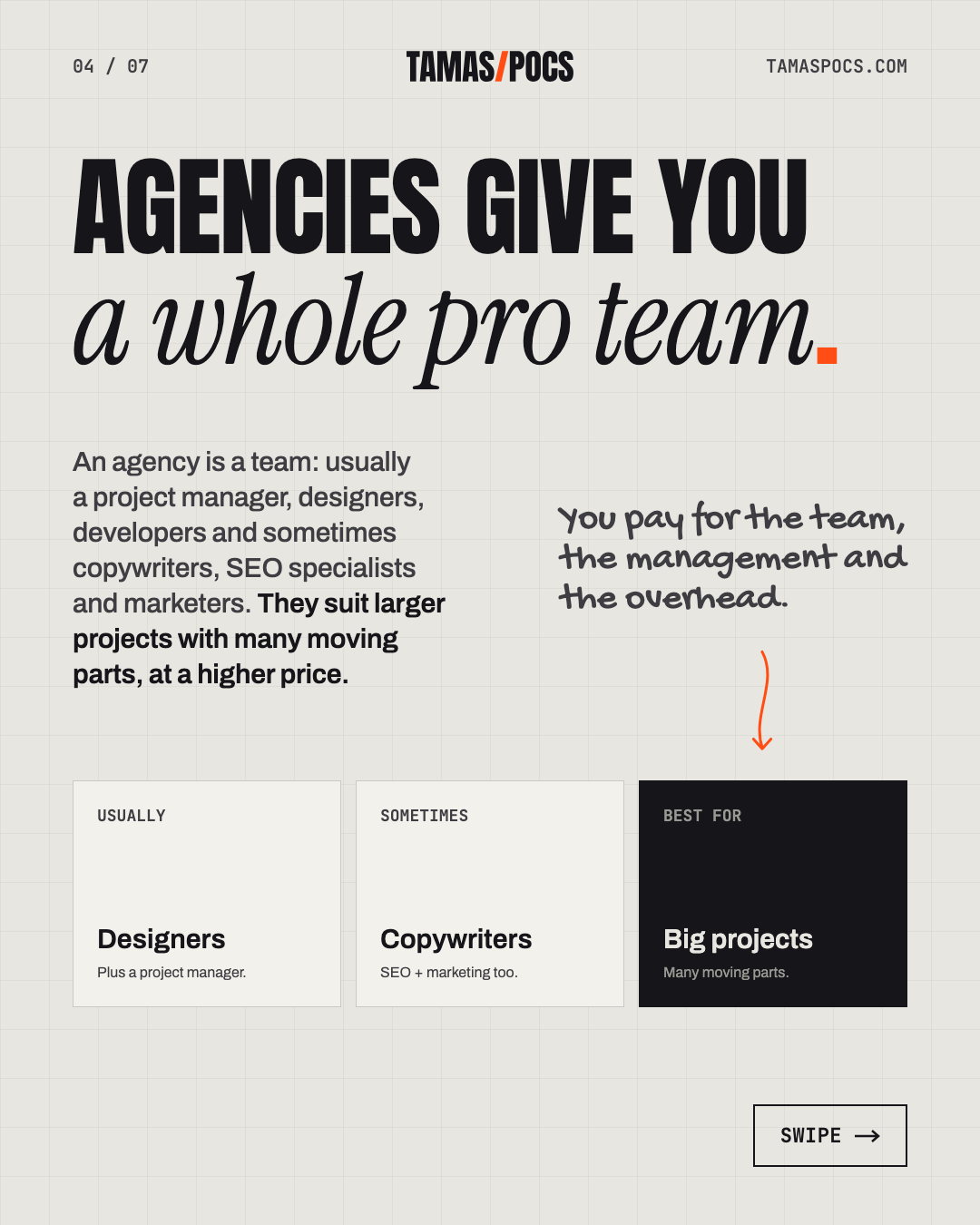 Slide 4 of 7, Who Should Build Your Website: agencies give you a whole professional team