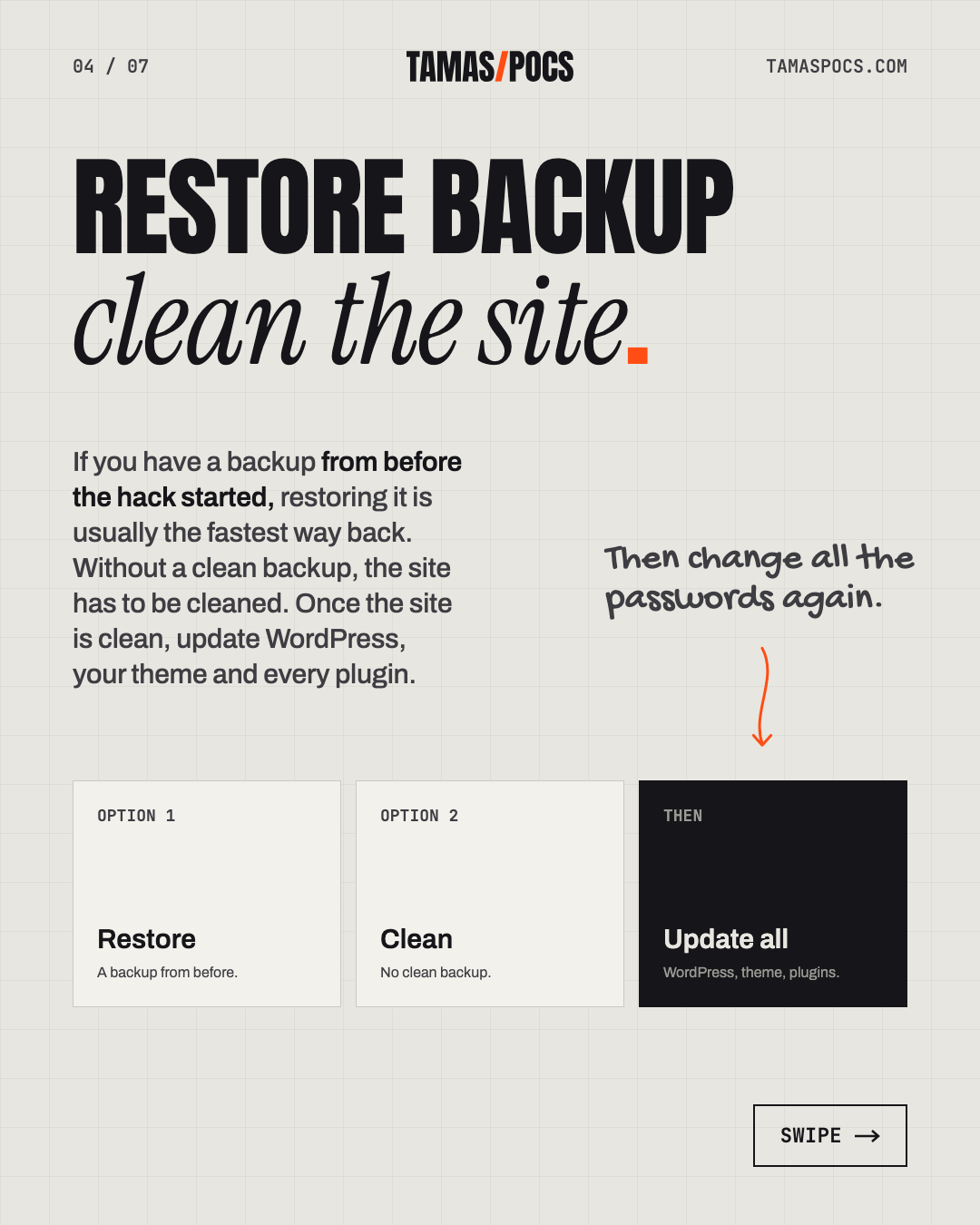 Slide 4 of 7, WordPress Site Hacked: restore a backup or clean the site