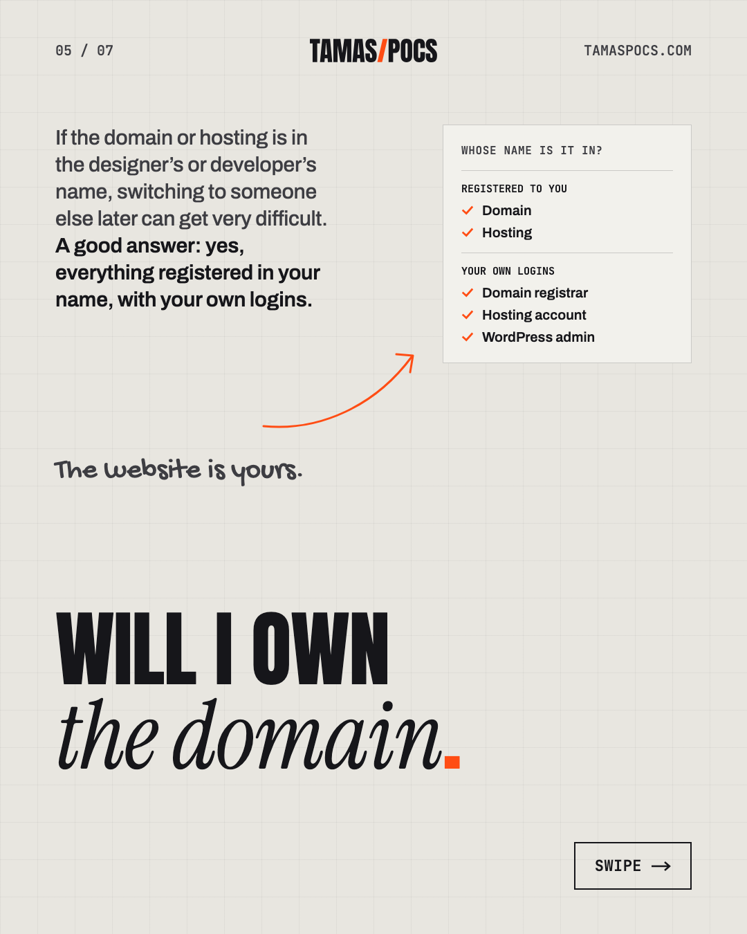 Slide 5 of 7, Hire a Web Designer or Developer: make sure the domain and hosting are in your name