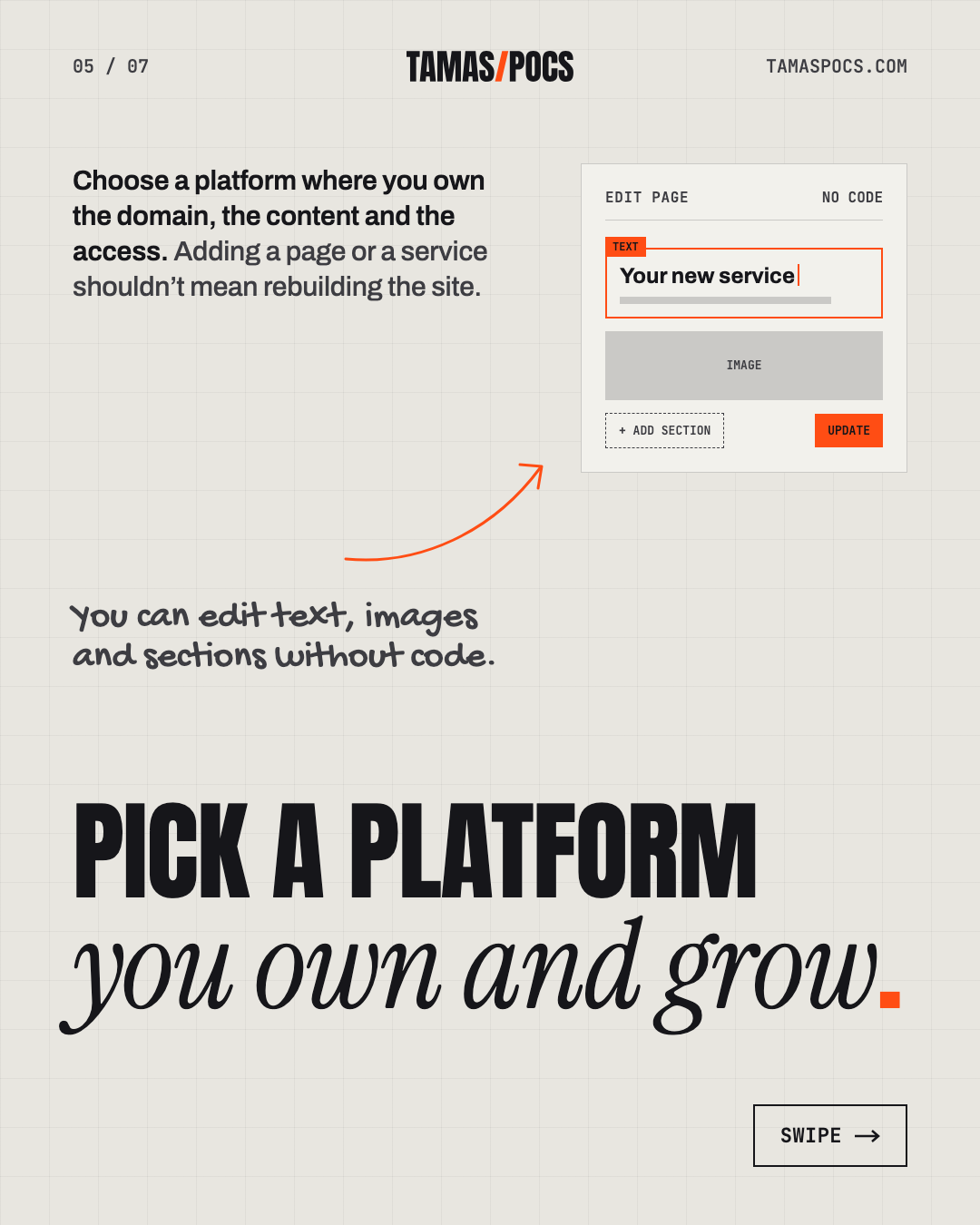 Slide 5 of 7, How to Get a Website: choose a platform where you own the domain, content and access
