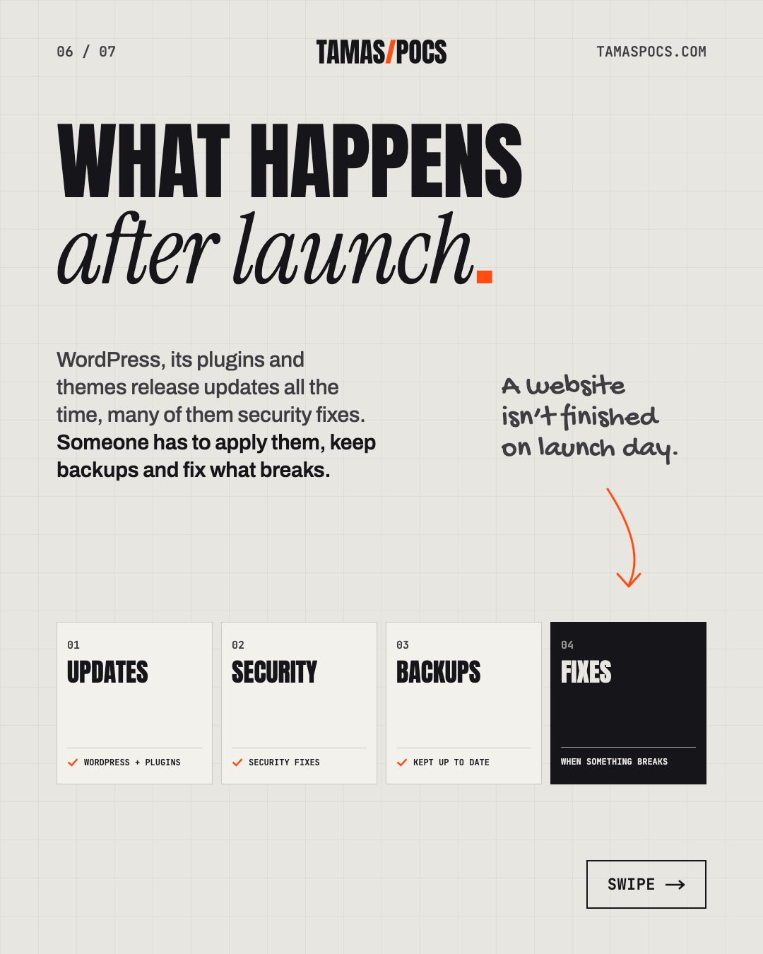 Slide 6 of 7, Hire a Web Designer or Developer: ask what happens after launch