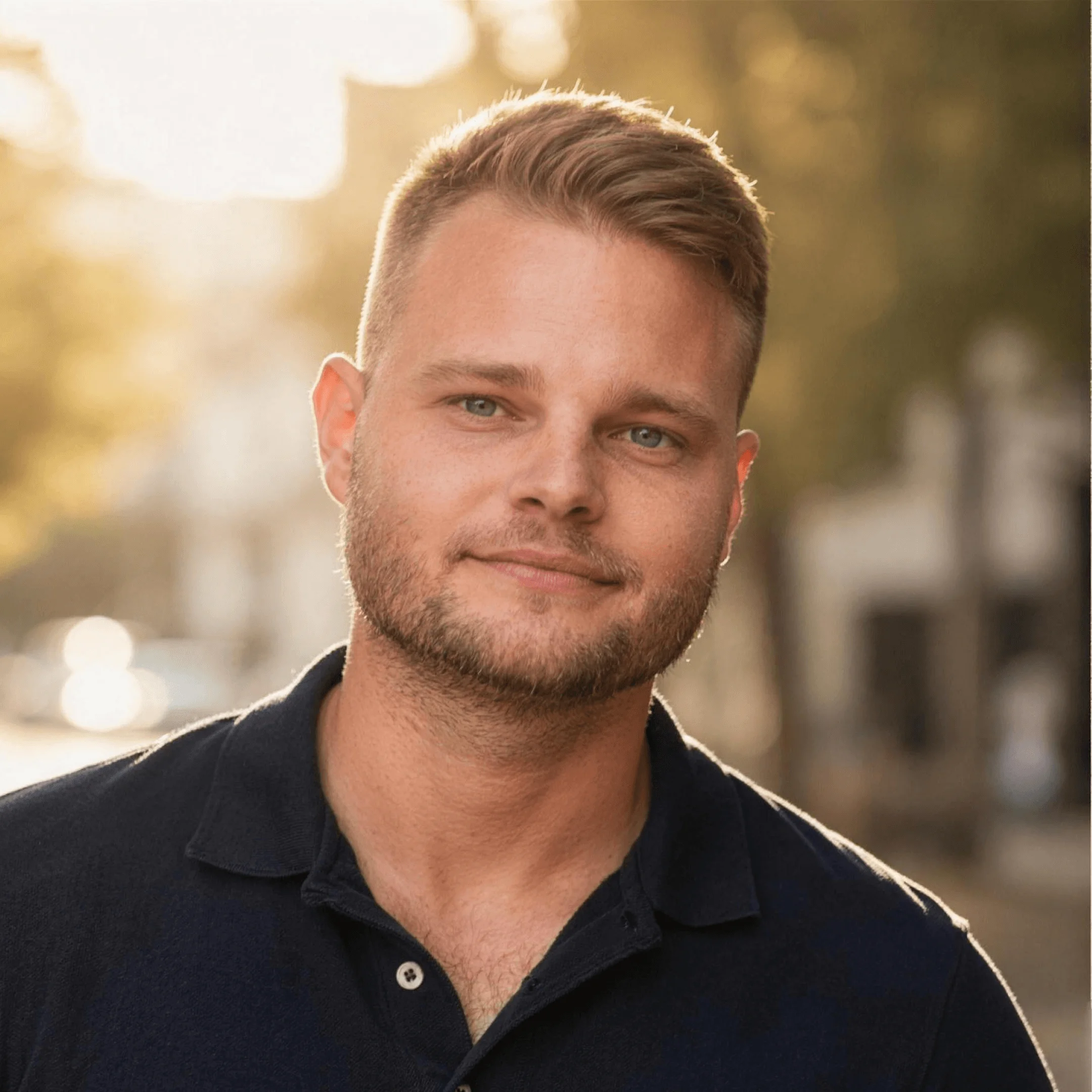 Portrait of Tamas Pocs in a navy polo shirt outdoors