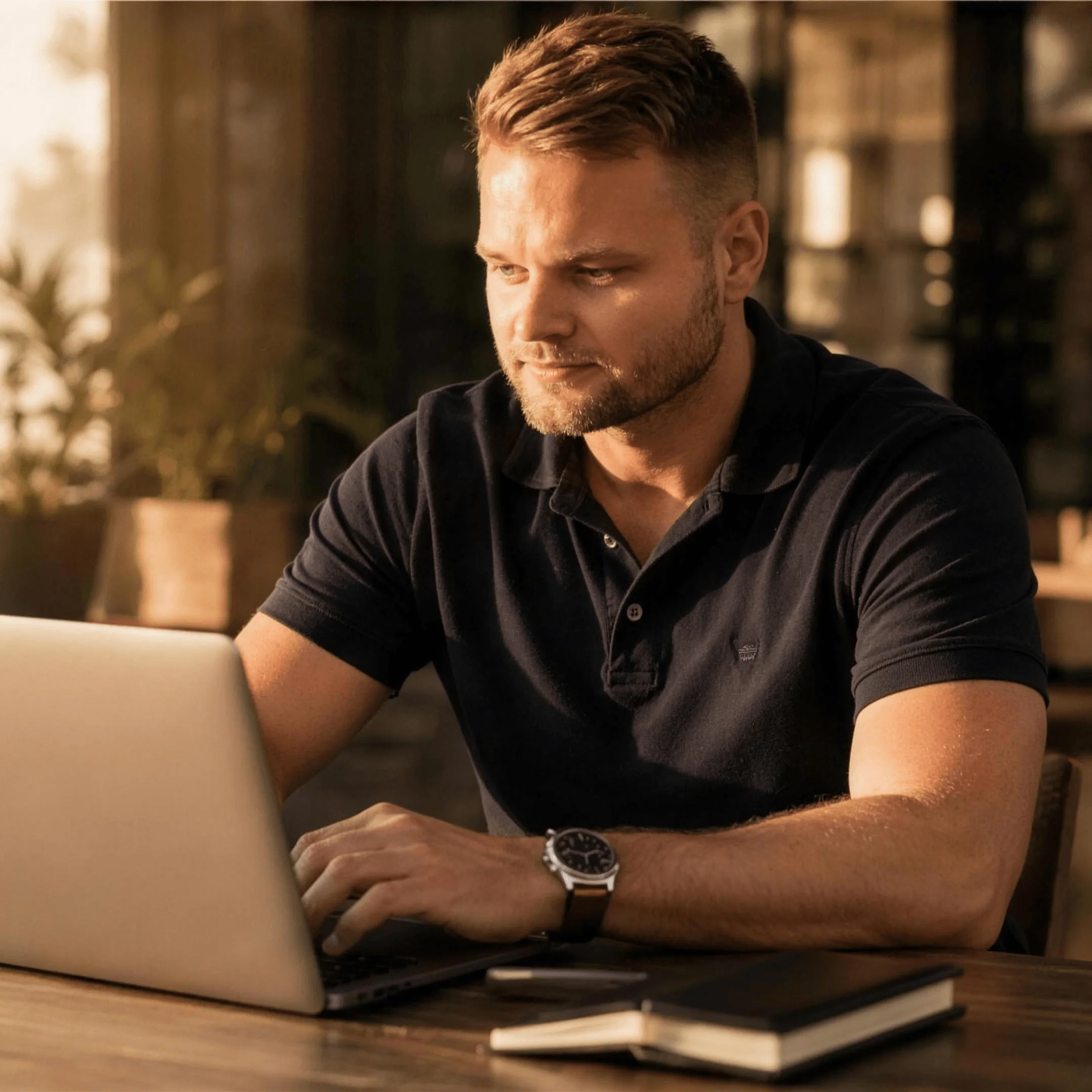 Tamas Pocs working on a laptop in a sunlit cafe