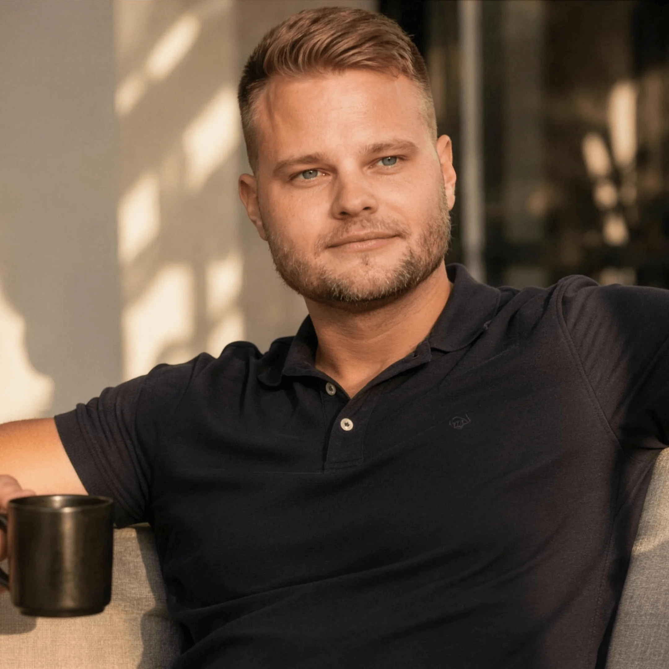 Tamas Pocs relaxing on a sofa with a coffee mug