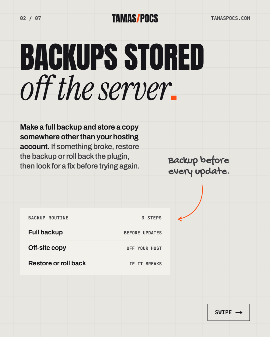 Slide 2 of 7, WordPress Website Maintenance: backups stored off the server