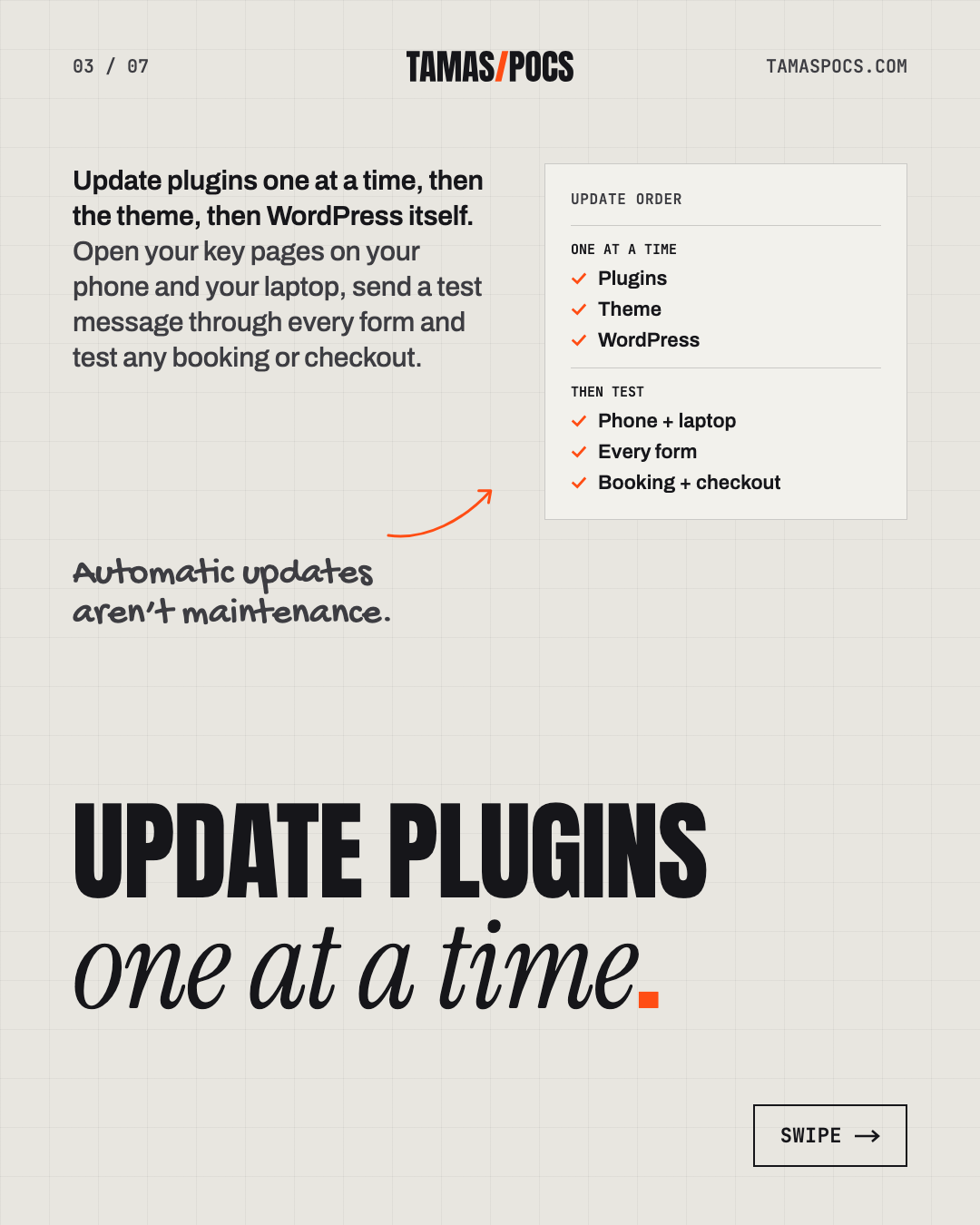 Slide 3 of 7, WordPress Website Maintenance: update plugins one at a time, then test