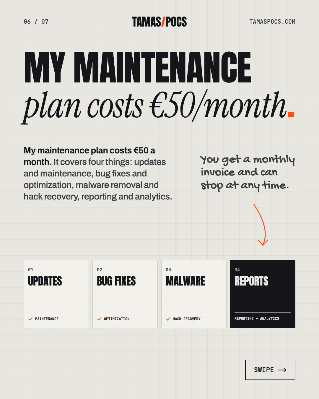 Slide 6 of 7, WordPress Website Maintenance: my maintenance plan costs €50 a month